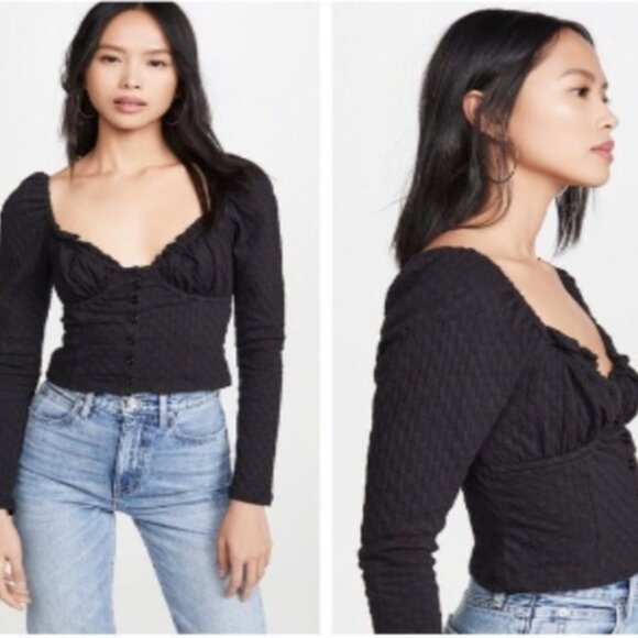 Free People Milkmaid Puff Sleeve Corset Top M NEW Cottagecore Boho Ladybug Blue - Picture 2 of 9